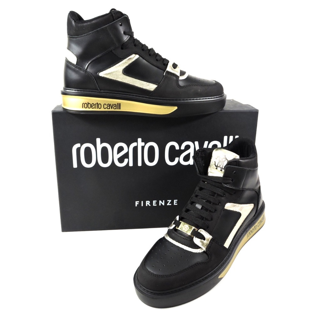 ROBERTO CAVALLI 🇮🇹 WOMEN'S BLACK LEATHER & SUEDE  FASHION COMFORT SNEAKERS